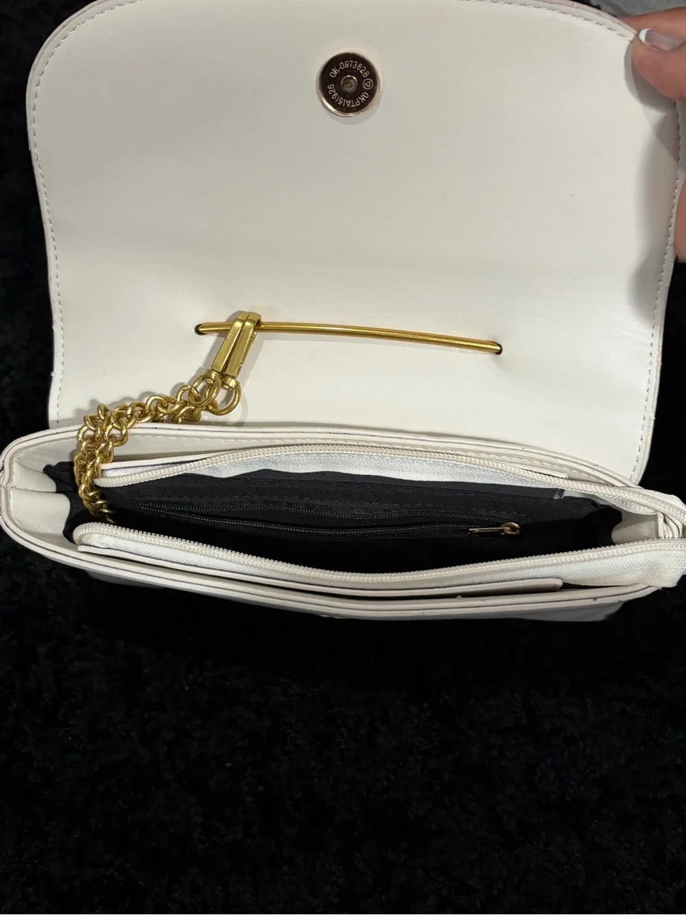 Off-White/Cream Faux Leather Safety Pin Top-Handle Women’s Bag with Gold Accent